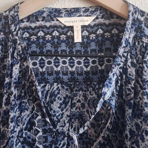 Rebecca Taylor Shirt Womens 8 Blue Silk Long Sleeve Boho Blouse Patterned Top - Picture 3 of 9